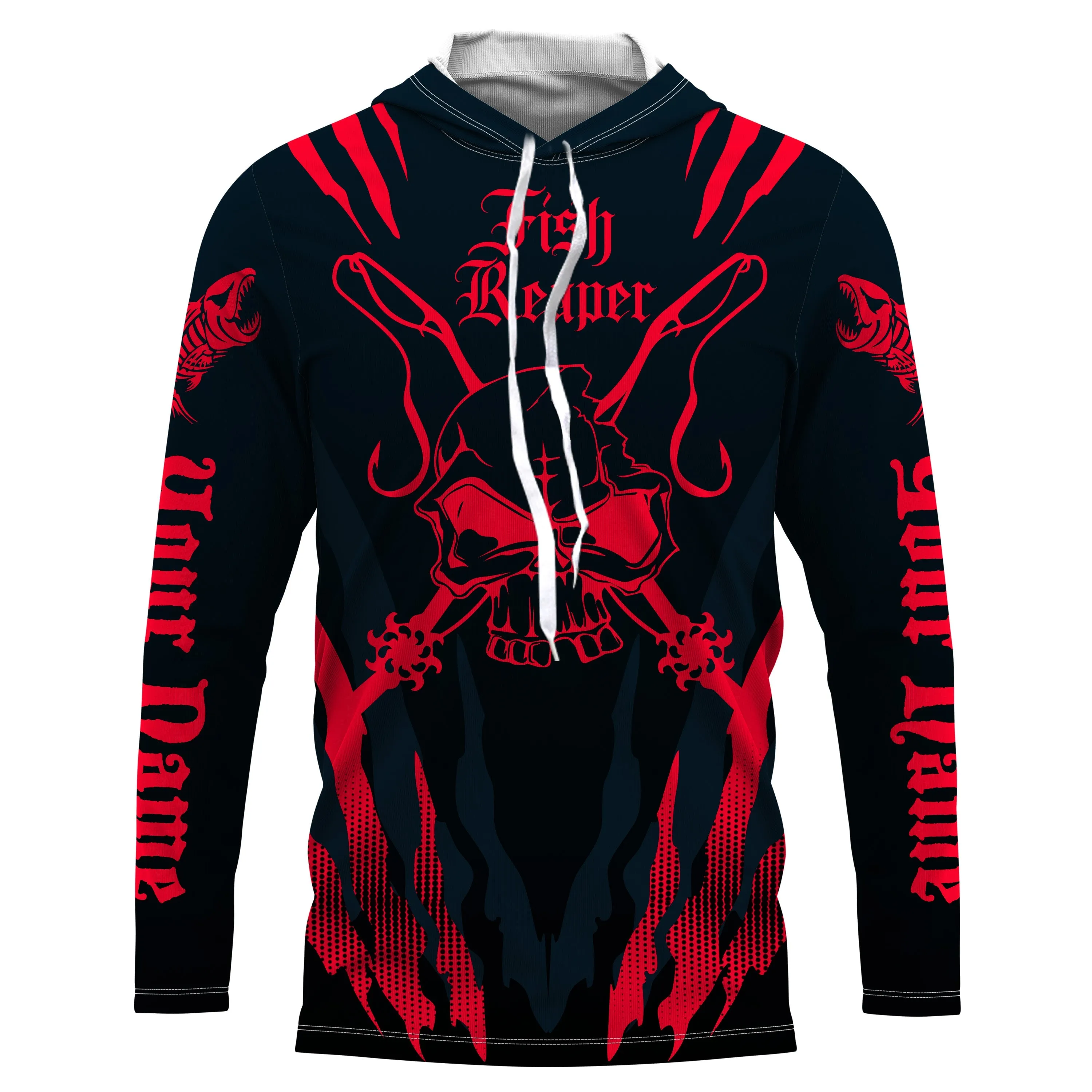 Fish reaper Custom Long Sleeve performance Fishing Shirts, Skull Fishing jerseys |black and red IPHW3016