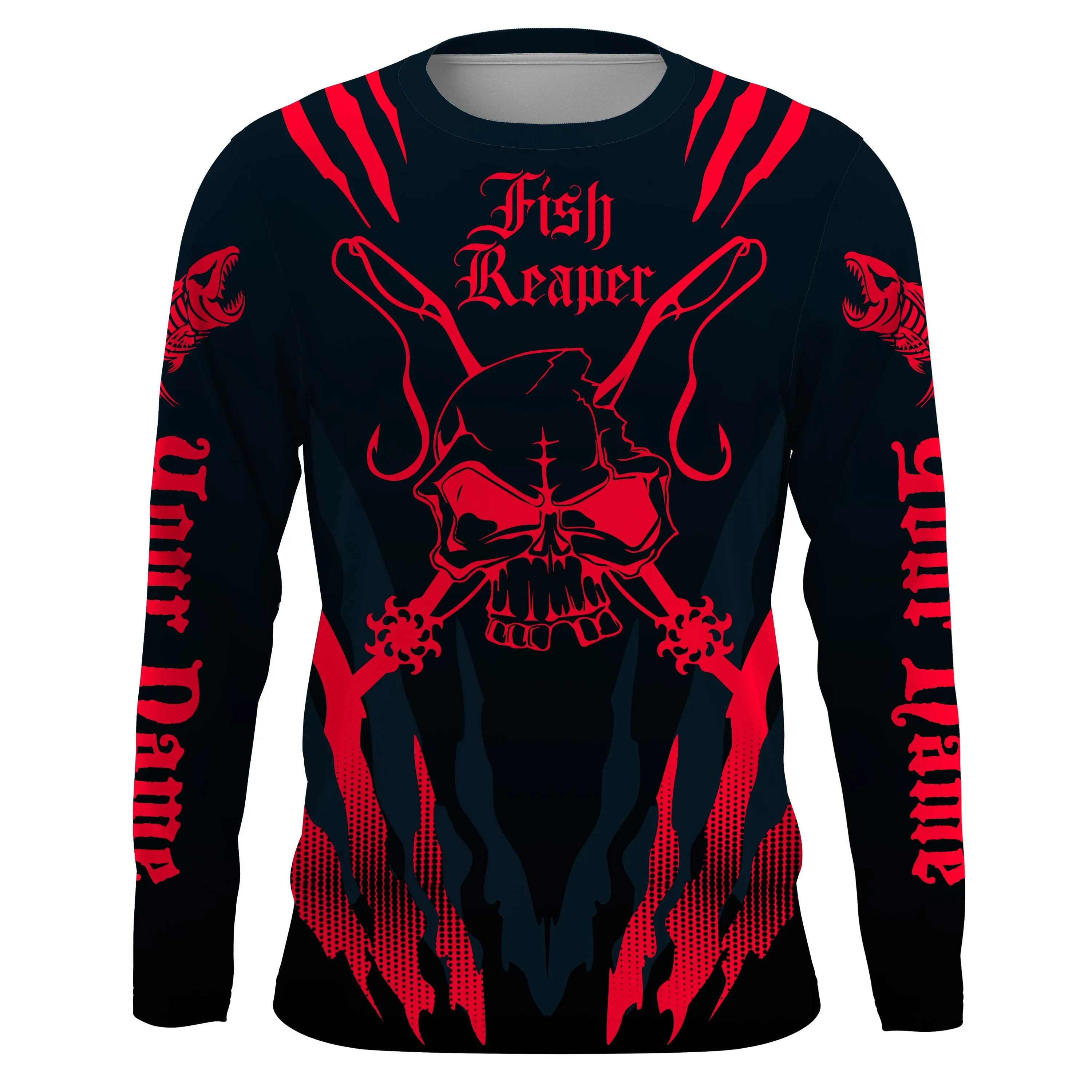 Fish reaper Custom Long Sleeve performance Fishing Shirts, Skull Fishing jerseys |black and red IPHW3016