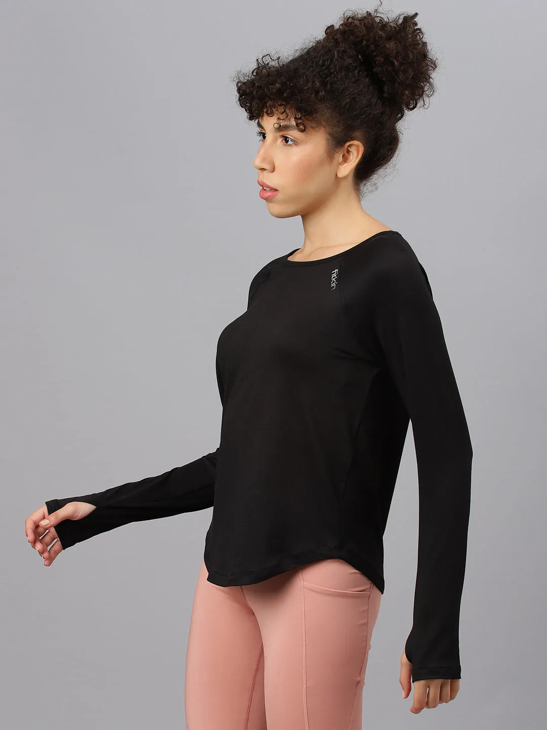 Fitkin women's black round neck back laser cut design full sleeves t-shirt