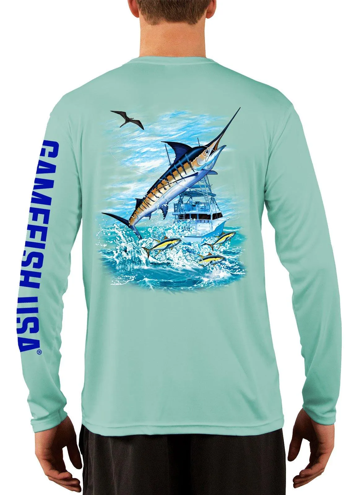 Men's UPF 50 Long Sleeve Microfiber Moisture Wicking Performance Fishing Shirt Marlin