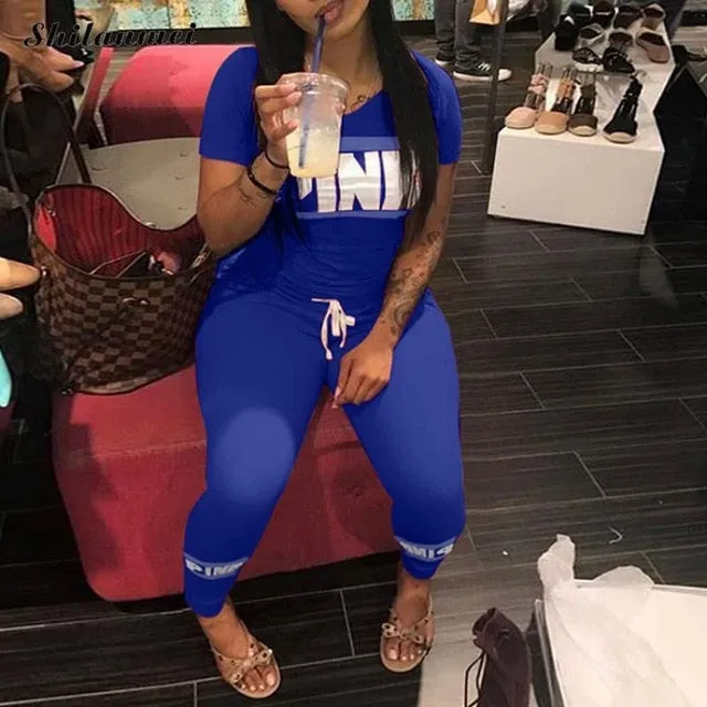 Pink Letter Print Sexy Tracksuit