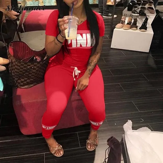 Pink Letter Print Sexy Tracksuit