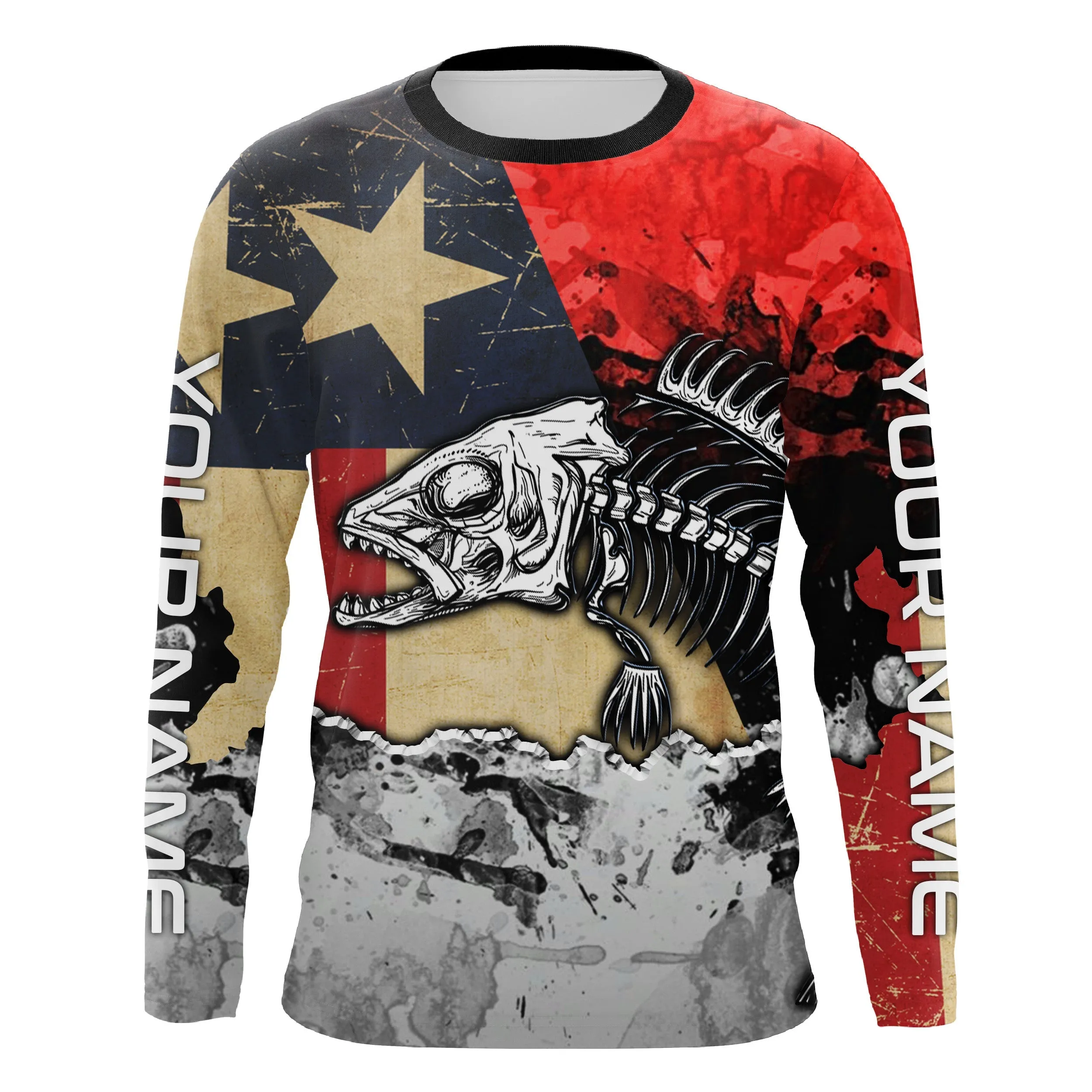 Texas Flag Fish Skeleton Custom name Long Sleeve tournament Fishing jerseys Shirts UPF 30  for Fisherman TTS0409