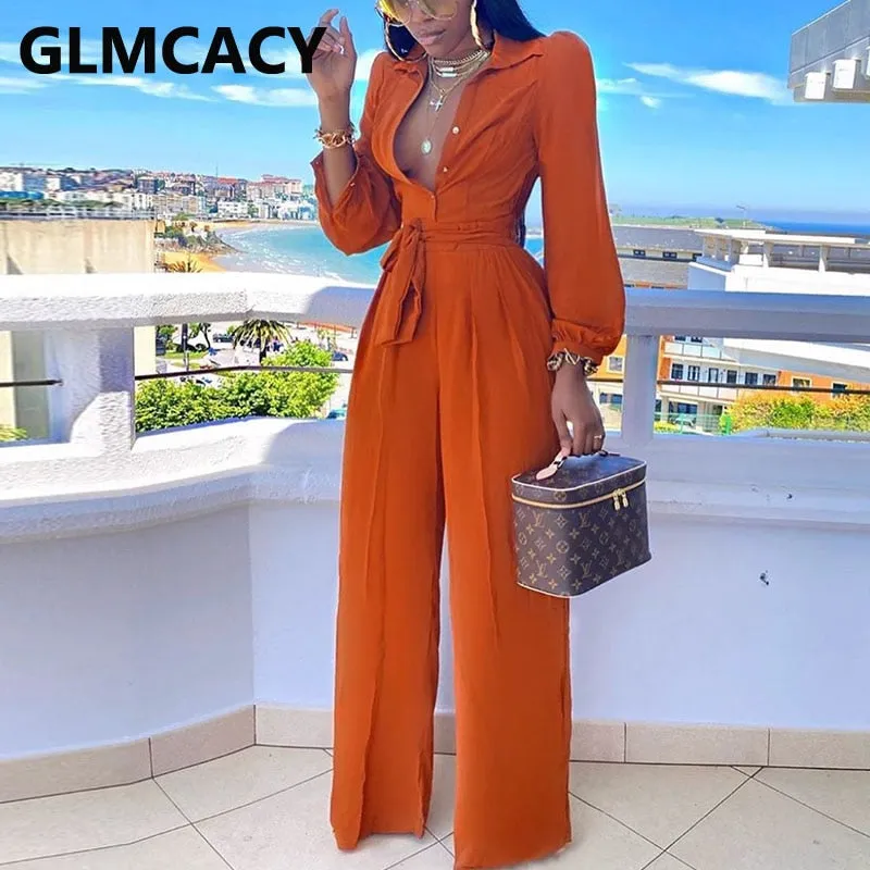 Women Long Sleeve Turn Down Collar Jumpsuits Chic Solid Regular Button Detail Shirt Jumpsuits