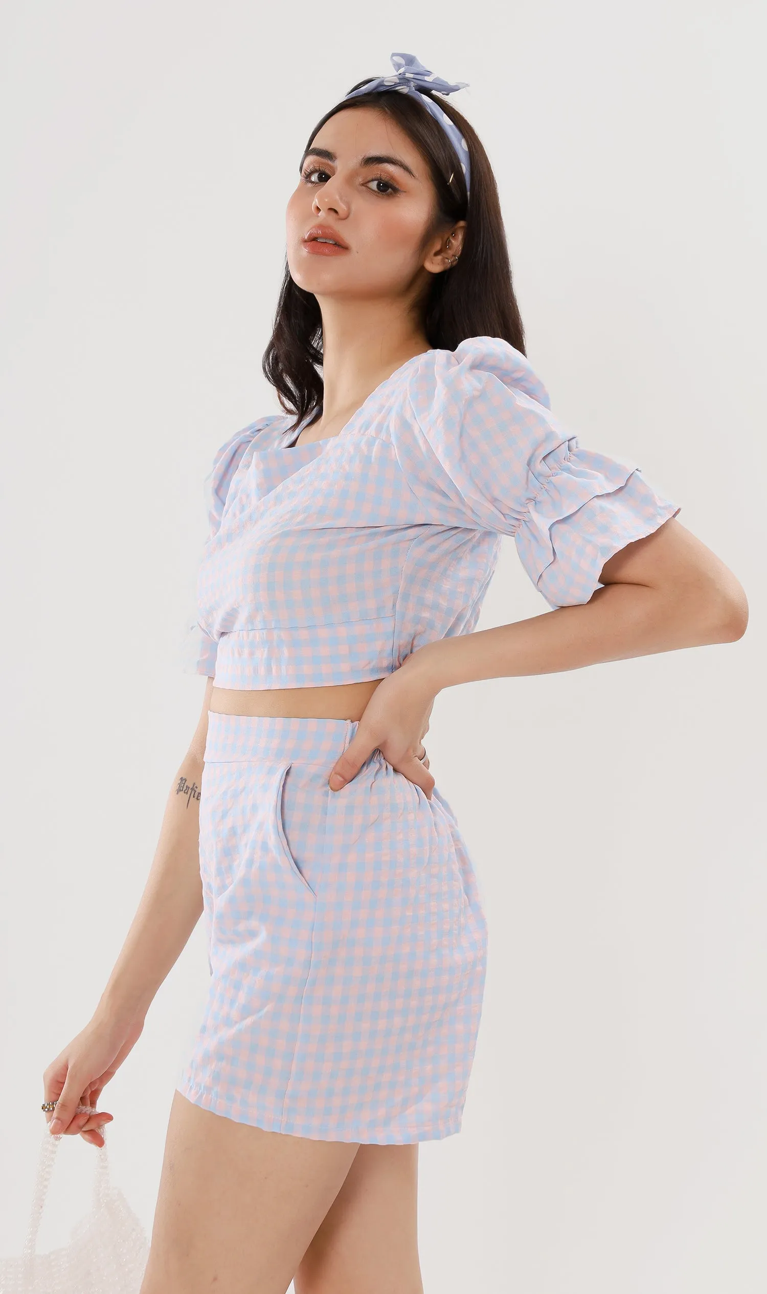 ZENNI Cropped Plaid Co-ord (Pastel Blue)
